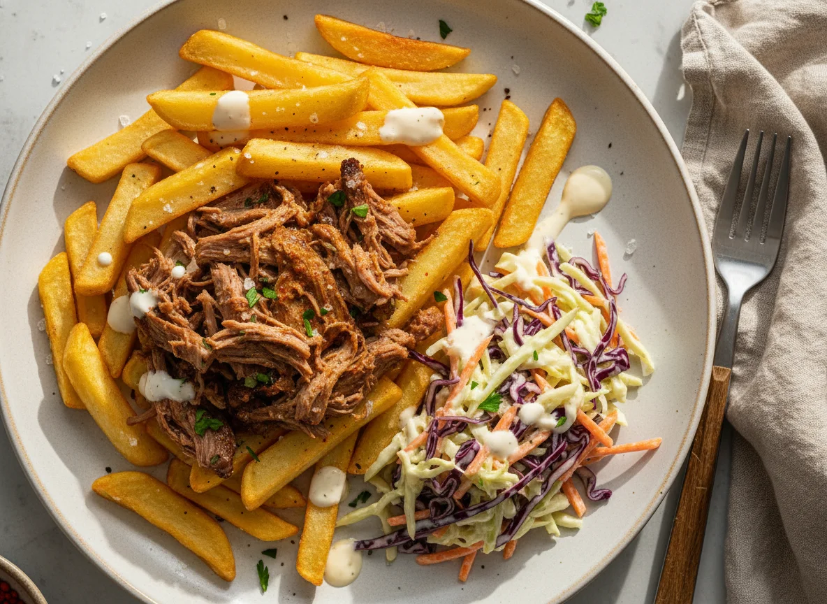 Papas fritas con carne y ensalada de col photo