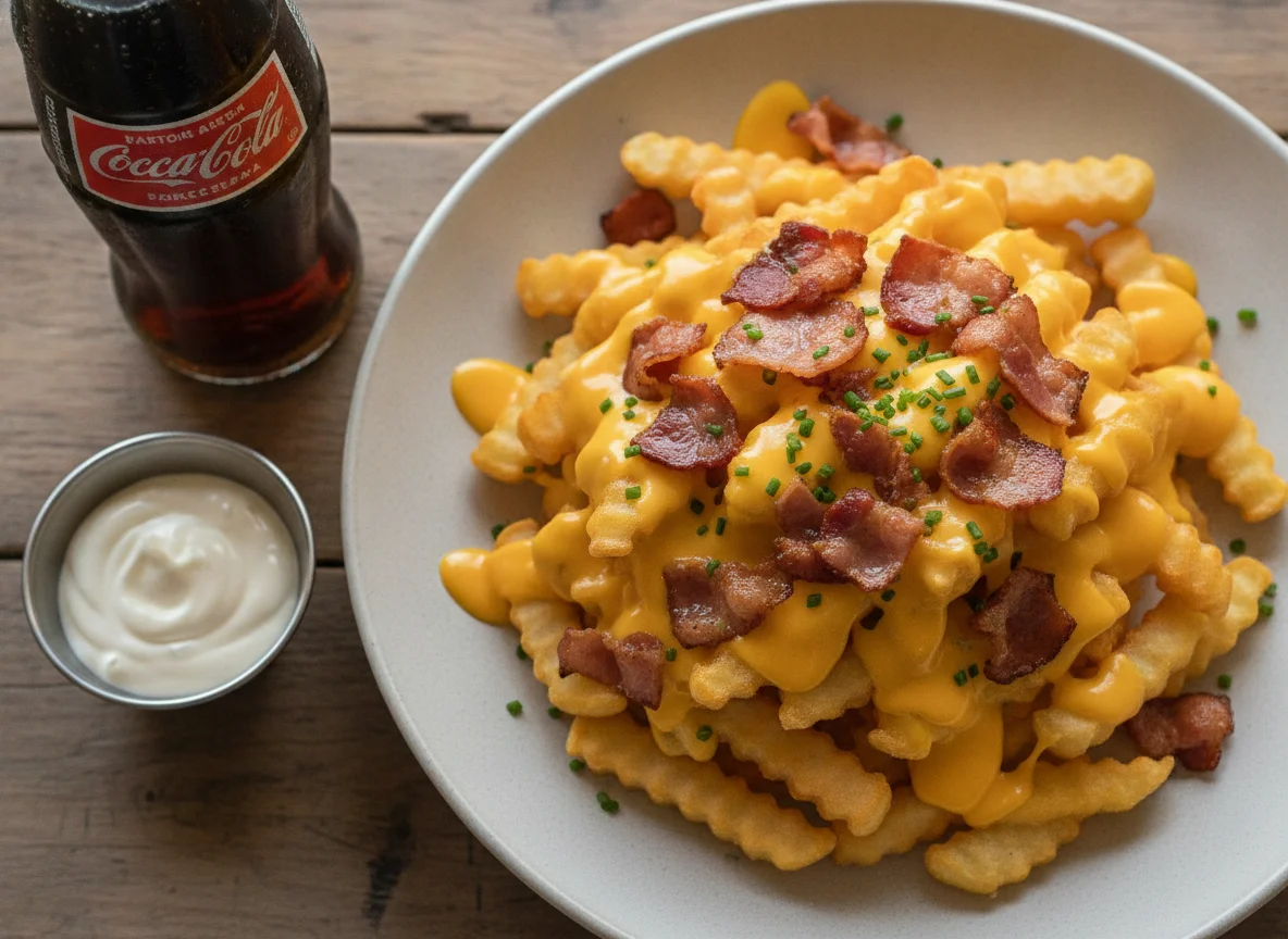 Papas fritas con cheddar y panceta photo