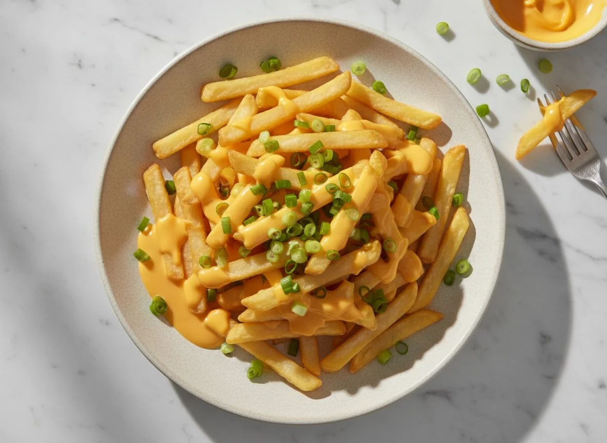 Papas fritas con cheddar y verdeo photo