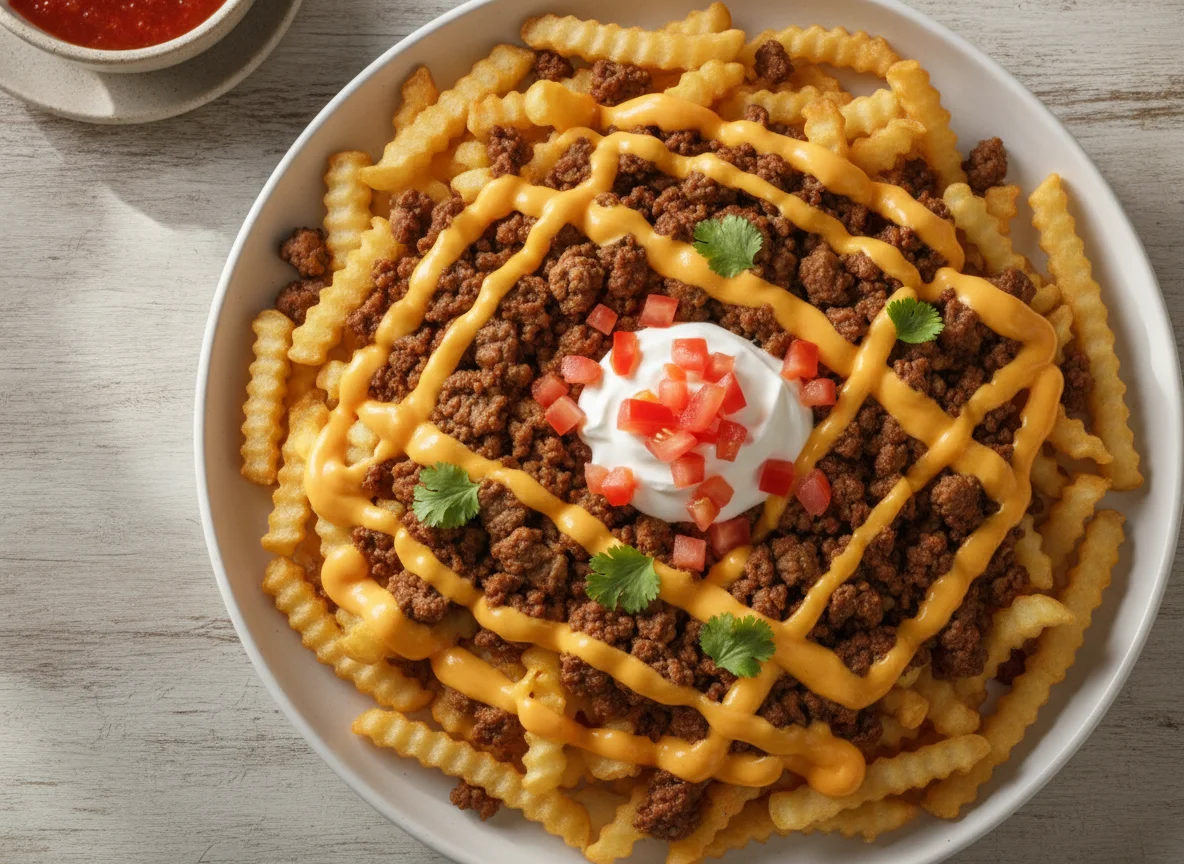 Papas fritas con queso y carne photo