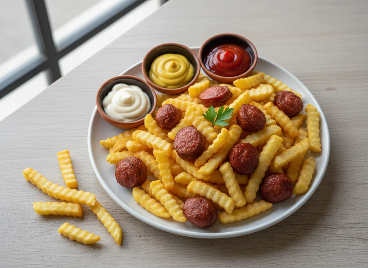 Papas fritas con salchicha y salsas photo
