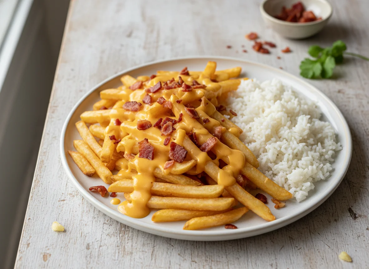 Papas fritas con salsa de queso, tocino y arroz photo