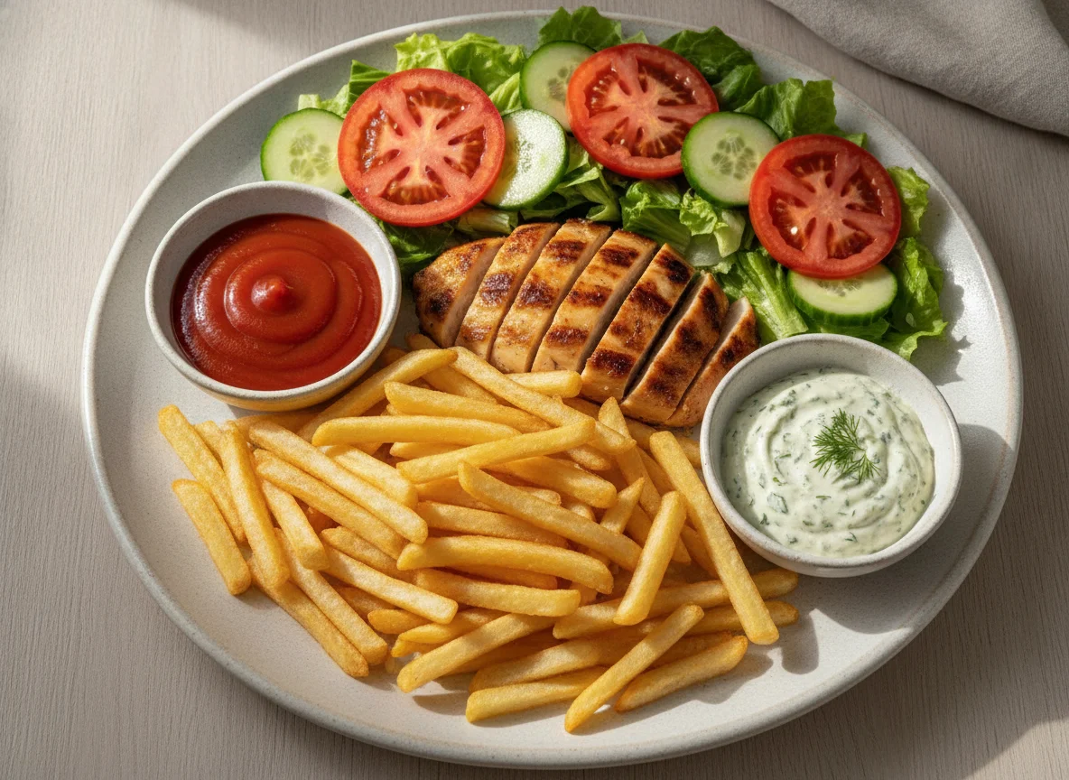 Papas fritas con salsas y ensalada photo