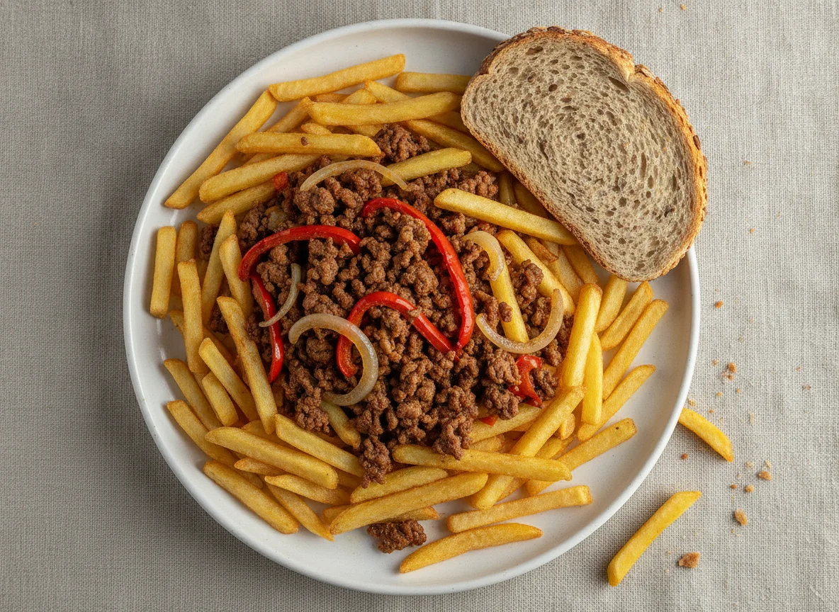 Papas fritas con salteado de carne y pan casero photo