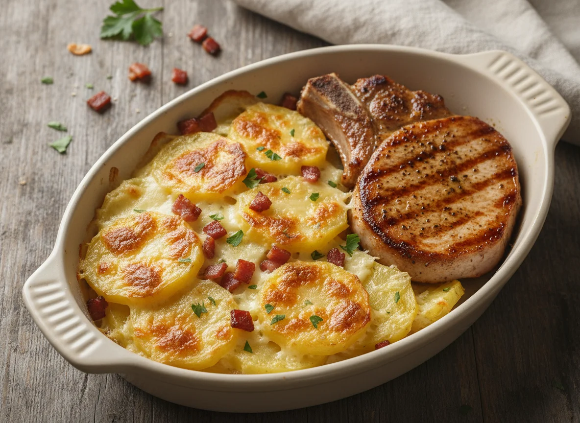 Papas gratinadas con chuleta de cerdo photo
