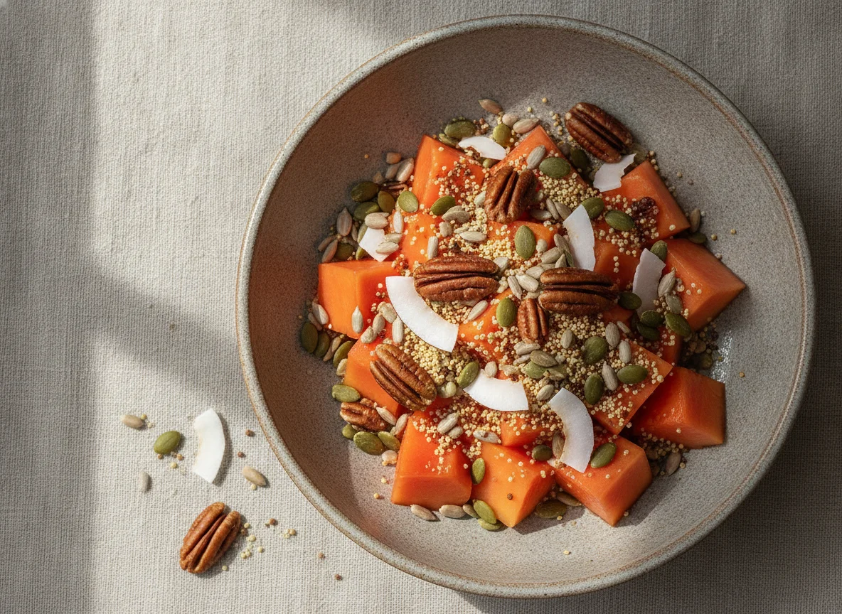 Papaya con semillas y frutos secos photo