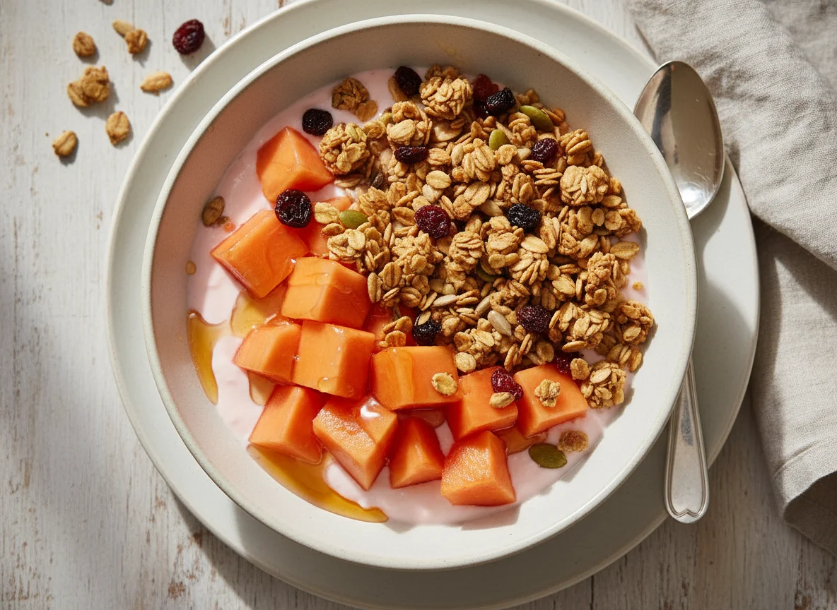 Papaya con yogur, granola y miel photo