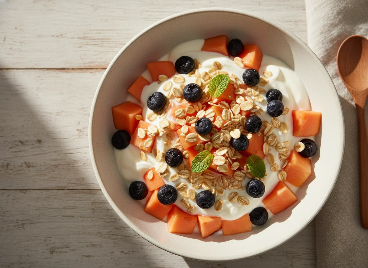 Papaya con yogurt, avena y arándanos photo