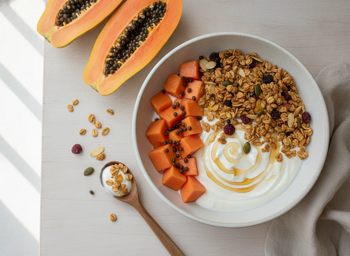 Papaya con yogurt y granola photo
