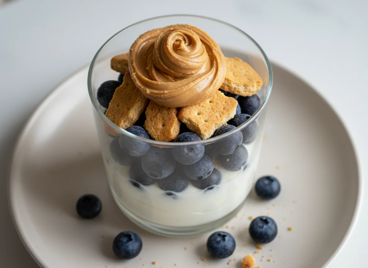 Parfait de yogur con arándanos, galletas y crema de cacahuete photo