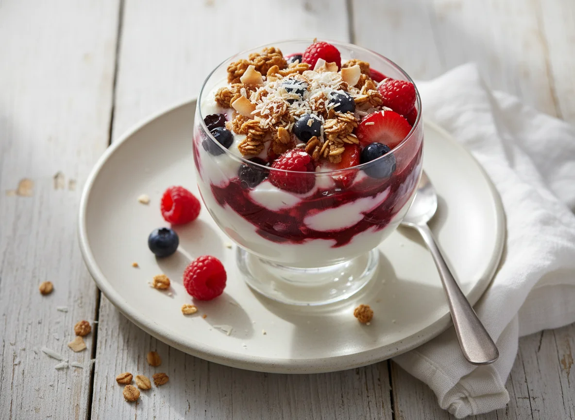 Parfait de yogur con frutos rojos y granola photo