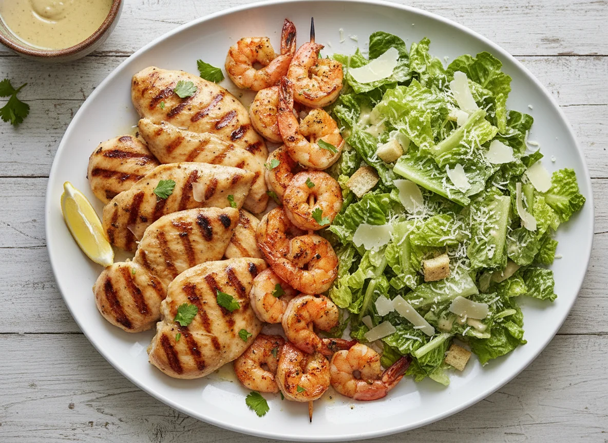 Parrillada de pollo y camarones con ensalada César photo