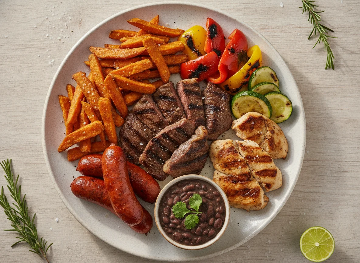 Parrillada mixta con camote y vegetales photo