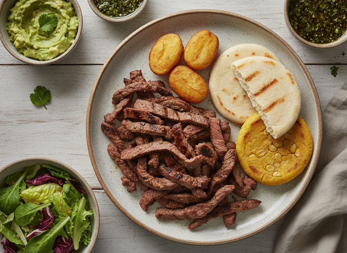 Parrillada mixta con carne asada, arepa y papas photo