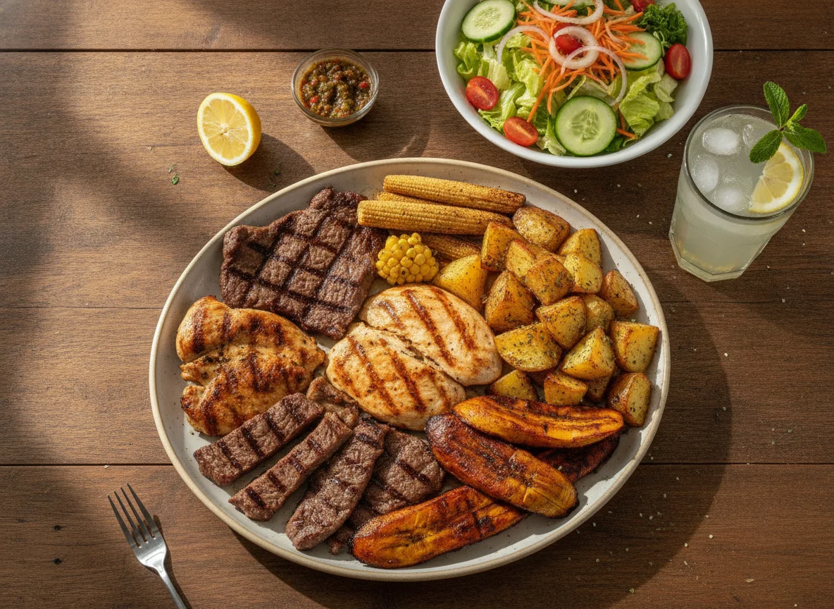 Parrillada mixta con ensalada y limonada photo