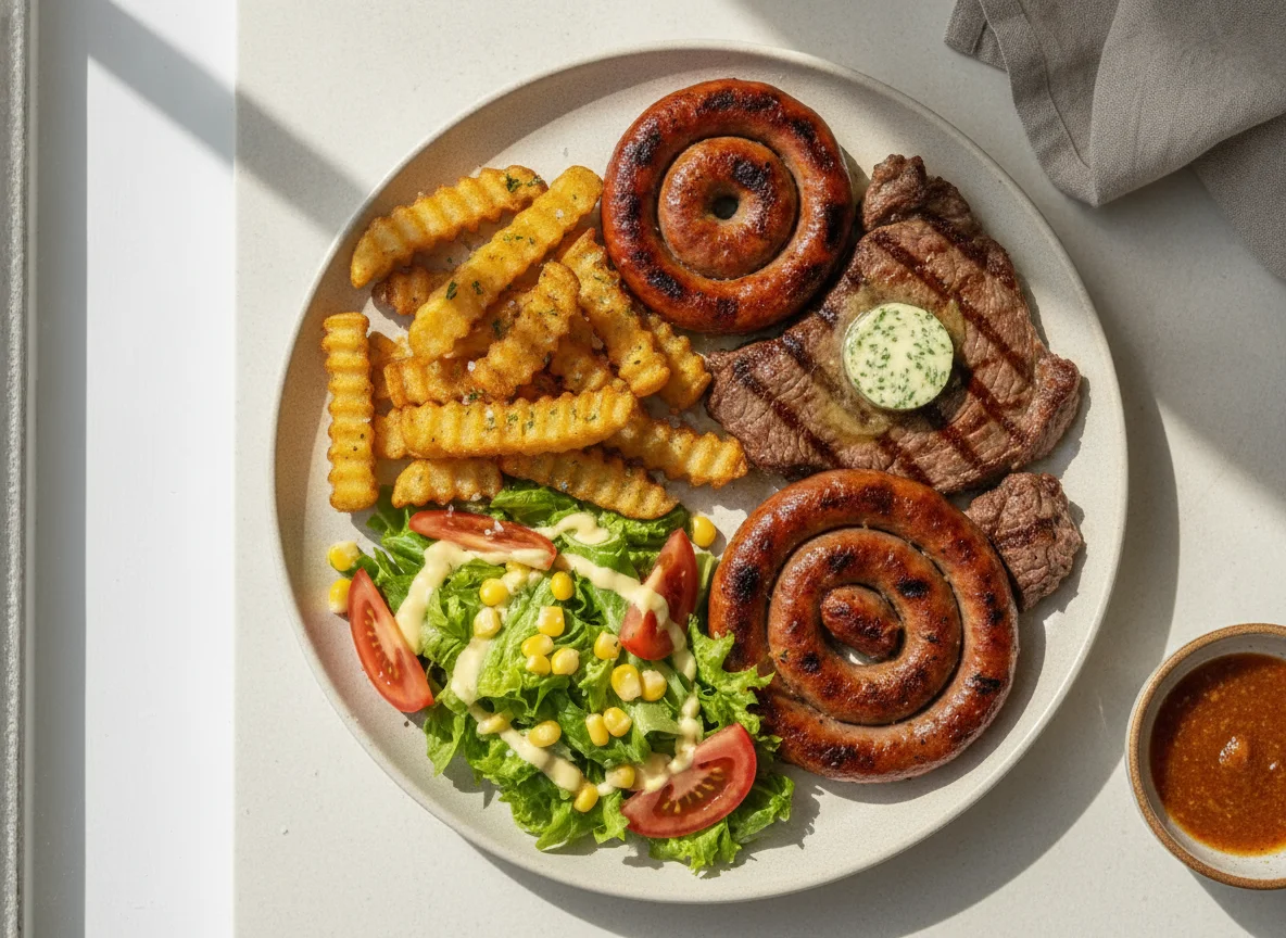 Parrillada mixta con papas rústicas y ensalada photo