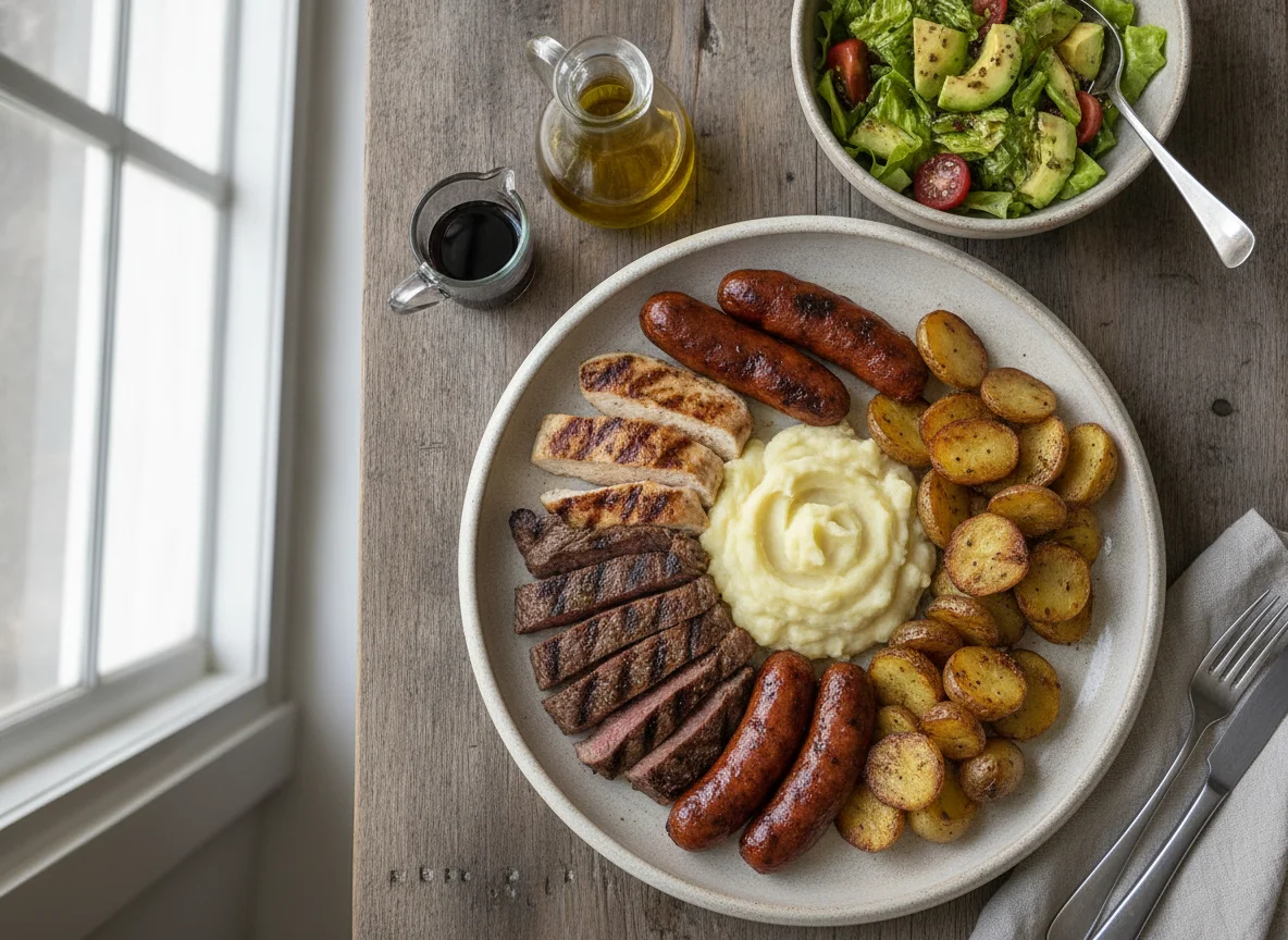 Parrillada mixta con puré de papa y ensalada photo