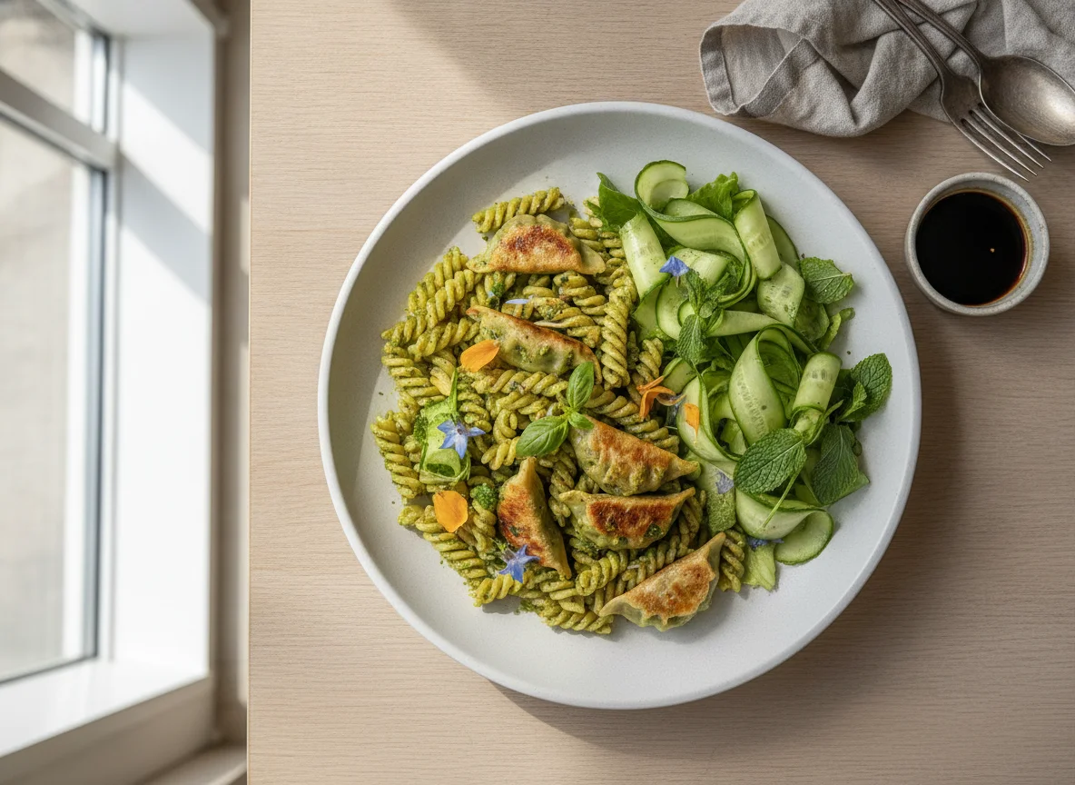 Pasta al pesto con gyoza y ensalada de pepino photo