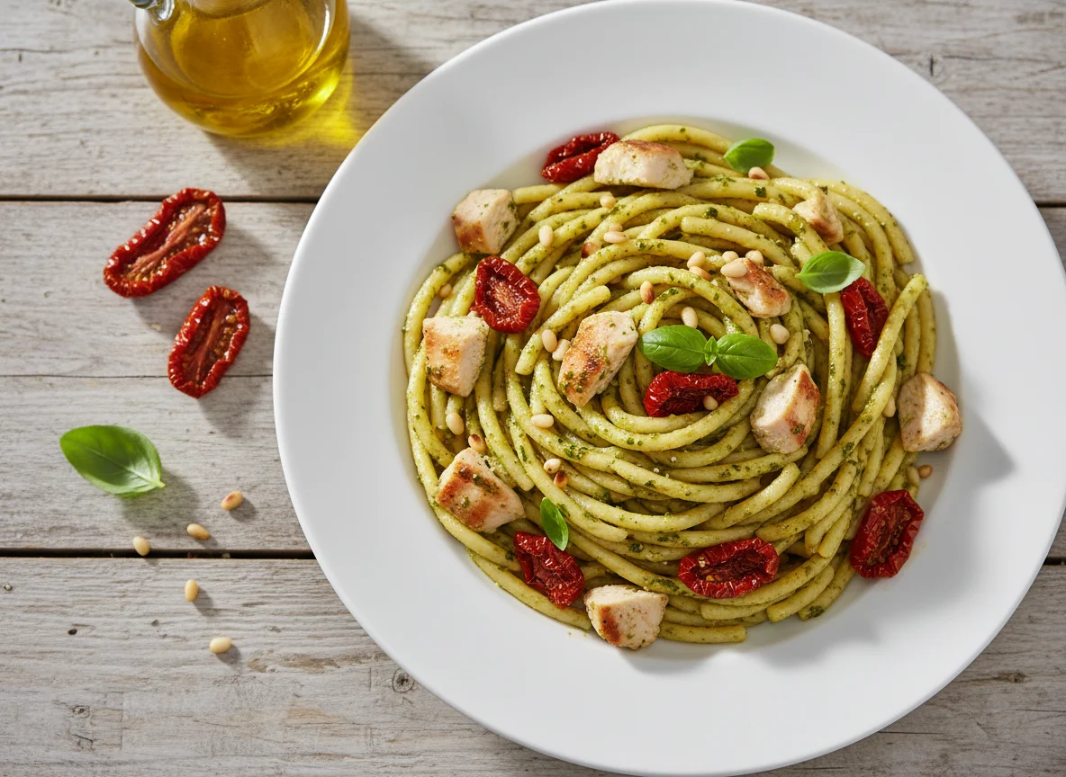 Pasta al pesto con pollo y tomate photo