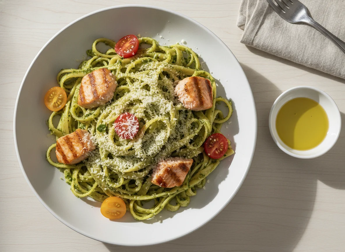 Pasta al pesto con salmón a la parrilla photo