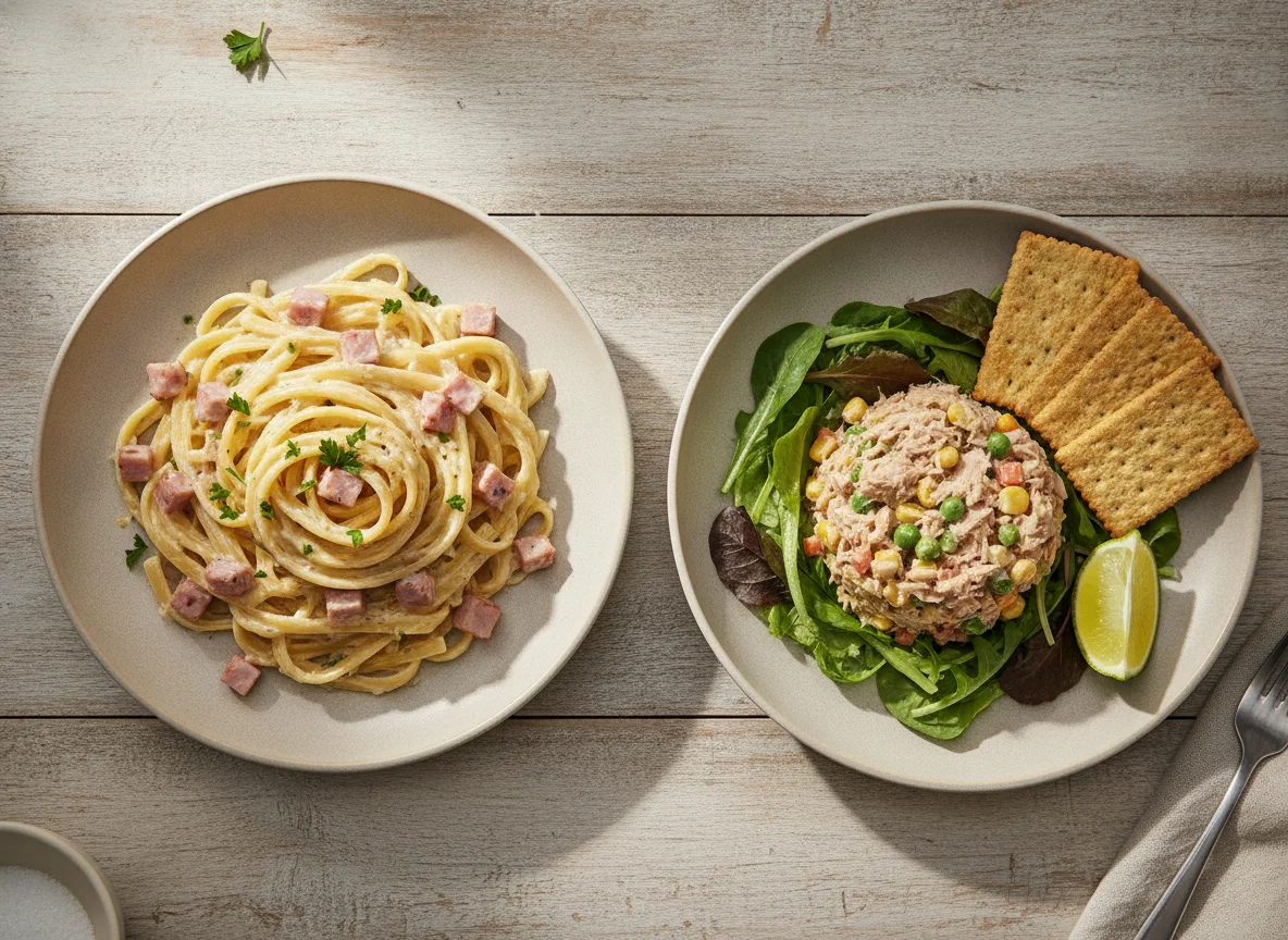 Pasta Alfredo con jamón y ensalada de atún con galletas Salmas photo
