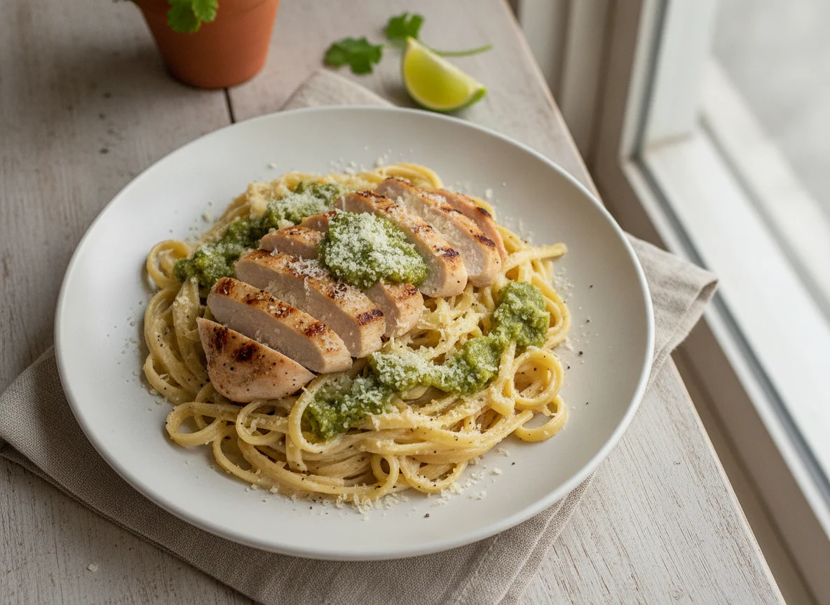 Pasta Alfredo con Pollo y Salsa Verde photo