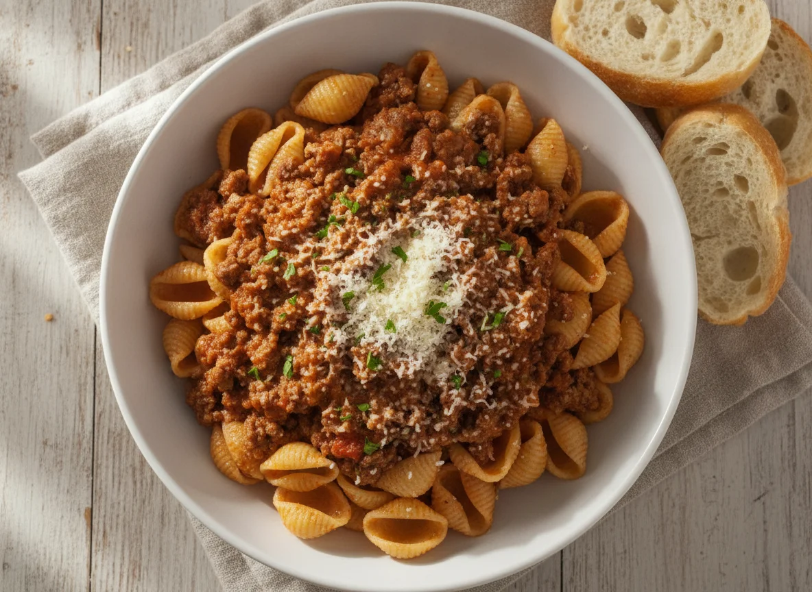 Pasta boloñesa con pan photo
