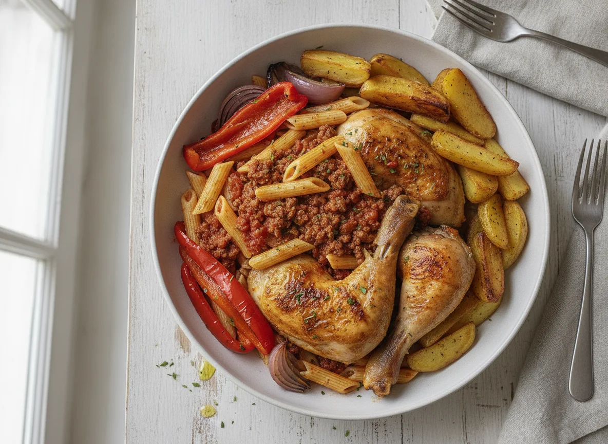 Pasta boloñesa con pollo asado y patatas photo