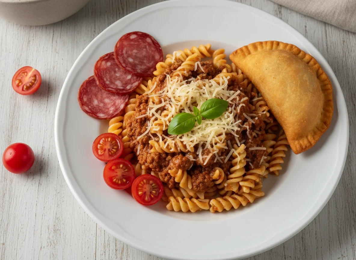 Pasta boloñesa con queso, empanadilla y embutido photo