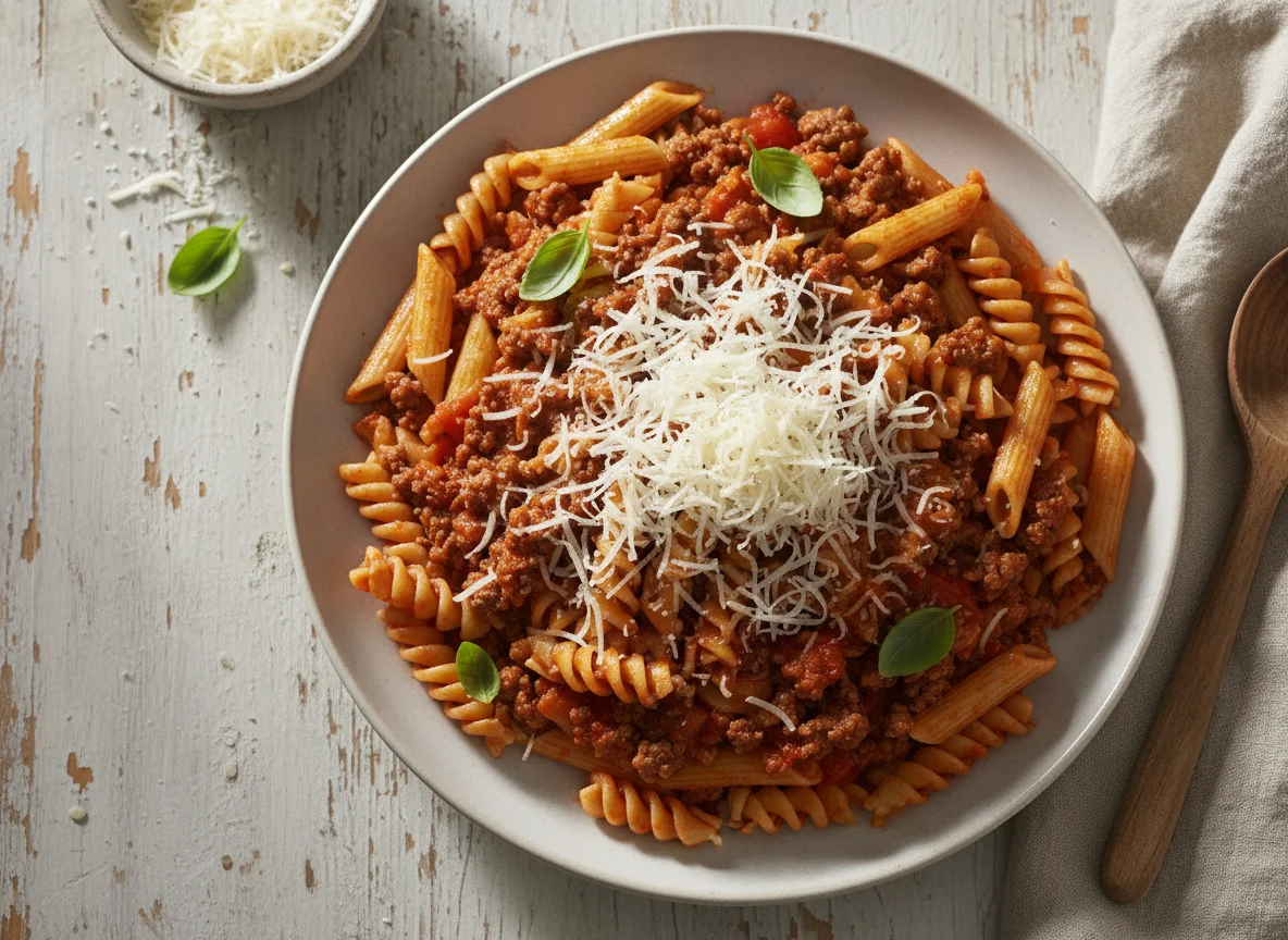 Pasta boloñesa con queso parmesano photo