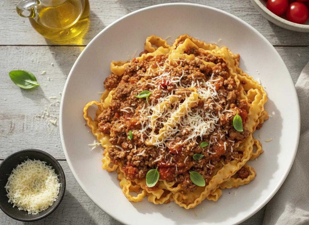 Pasta boloñesa con queso rallado photo