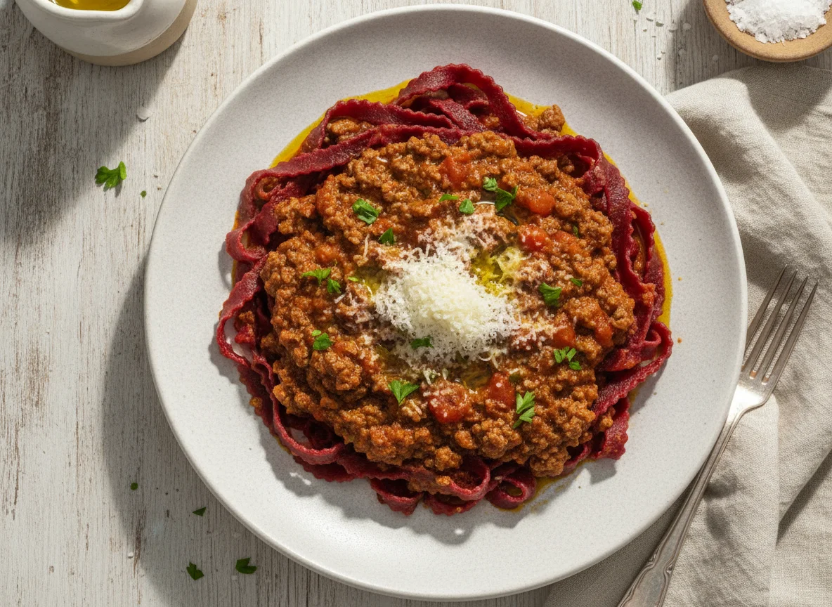 Pasta boloñesa con tallarines de remolacha photo