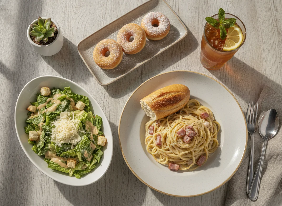 Pasta Carbonara con Ensalada César y Postre photo
