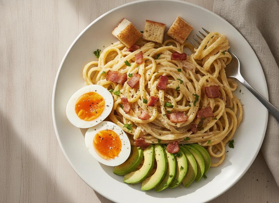 Pasta carbonara con huevos cocidos, aguacate y pan photo