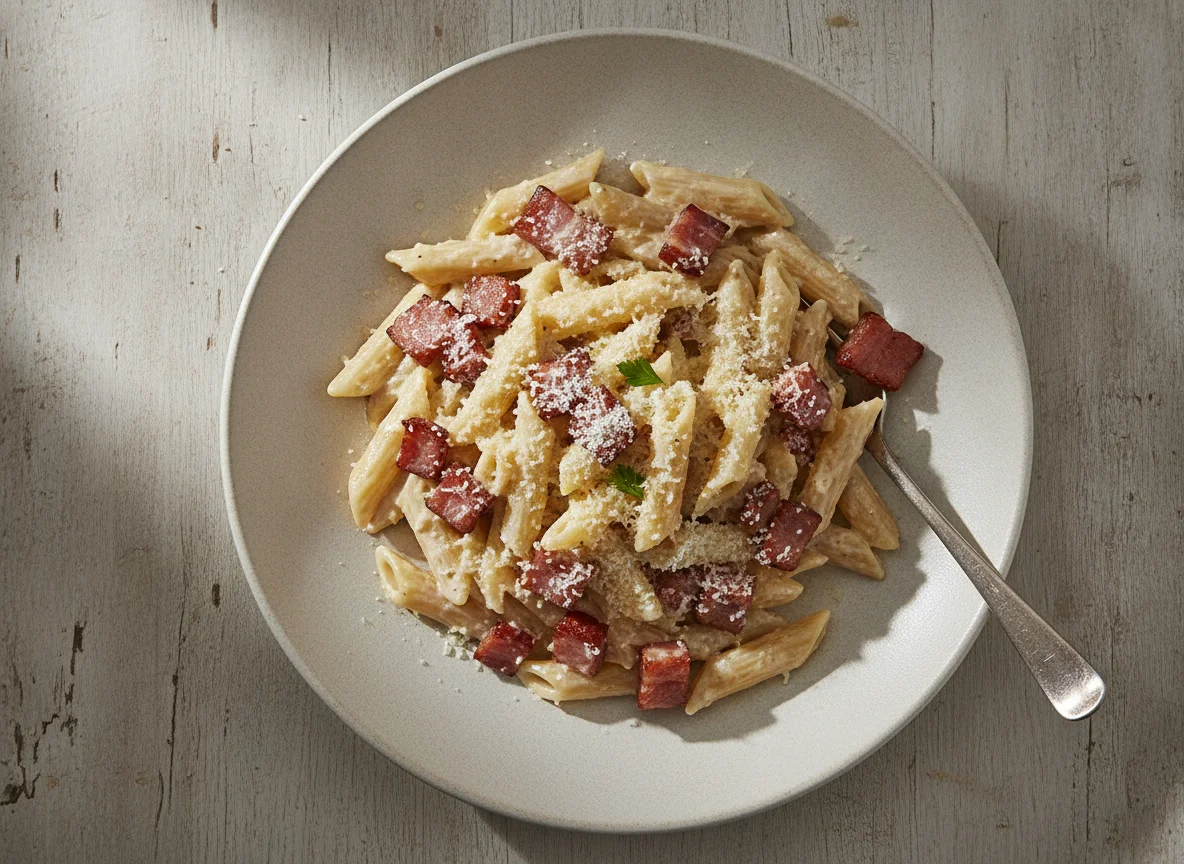 Pasta carbonara con nata y bacon photo