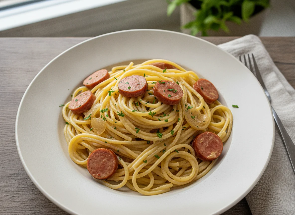 Pasta carbonara con salchichas photo