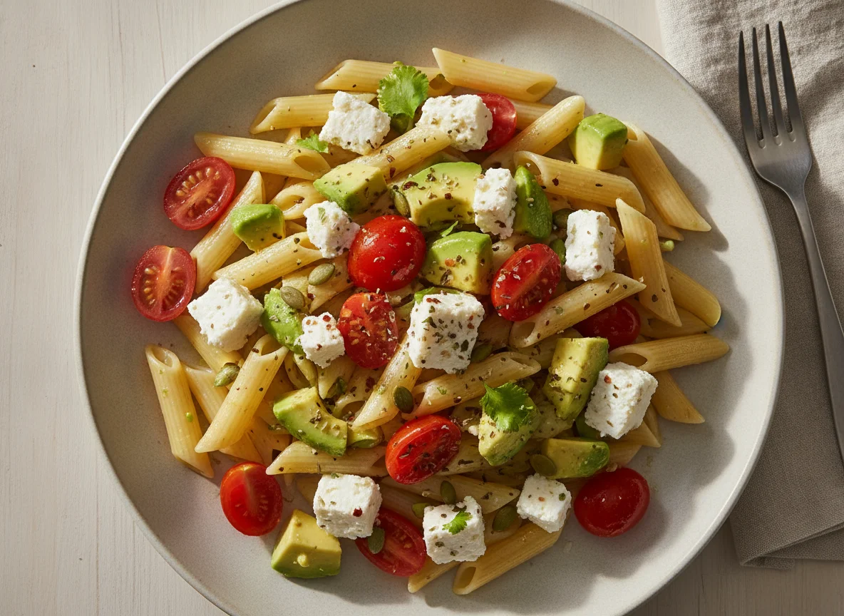 Pasta con aguacate, tomate y queso fresco photo