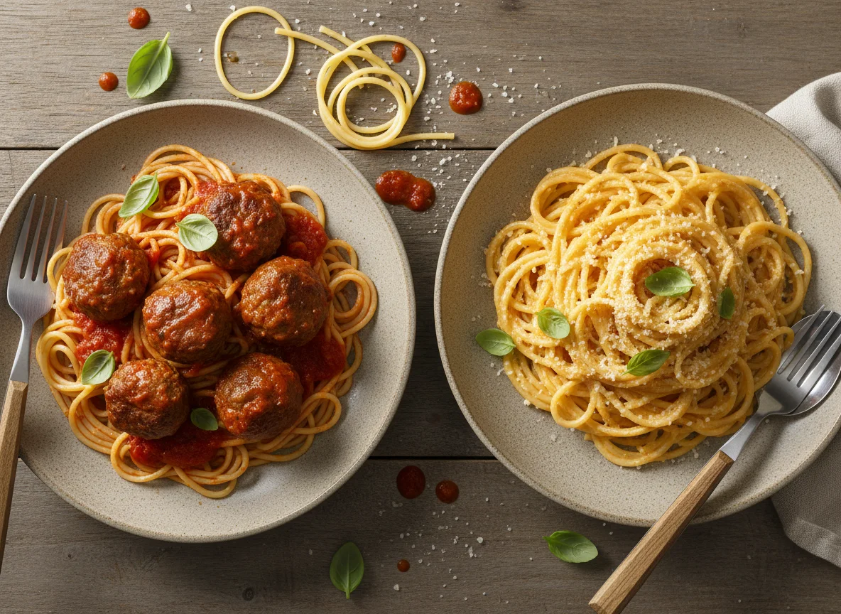 Pasta con albóndigas en salsa de tomate y pasta con queso photo