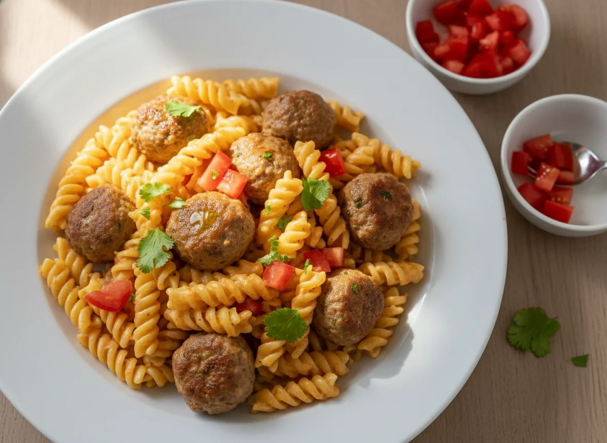 Pasta con albóndigas y salsa cremosa photo