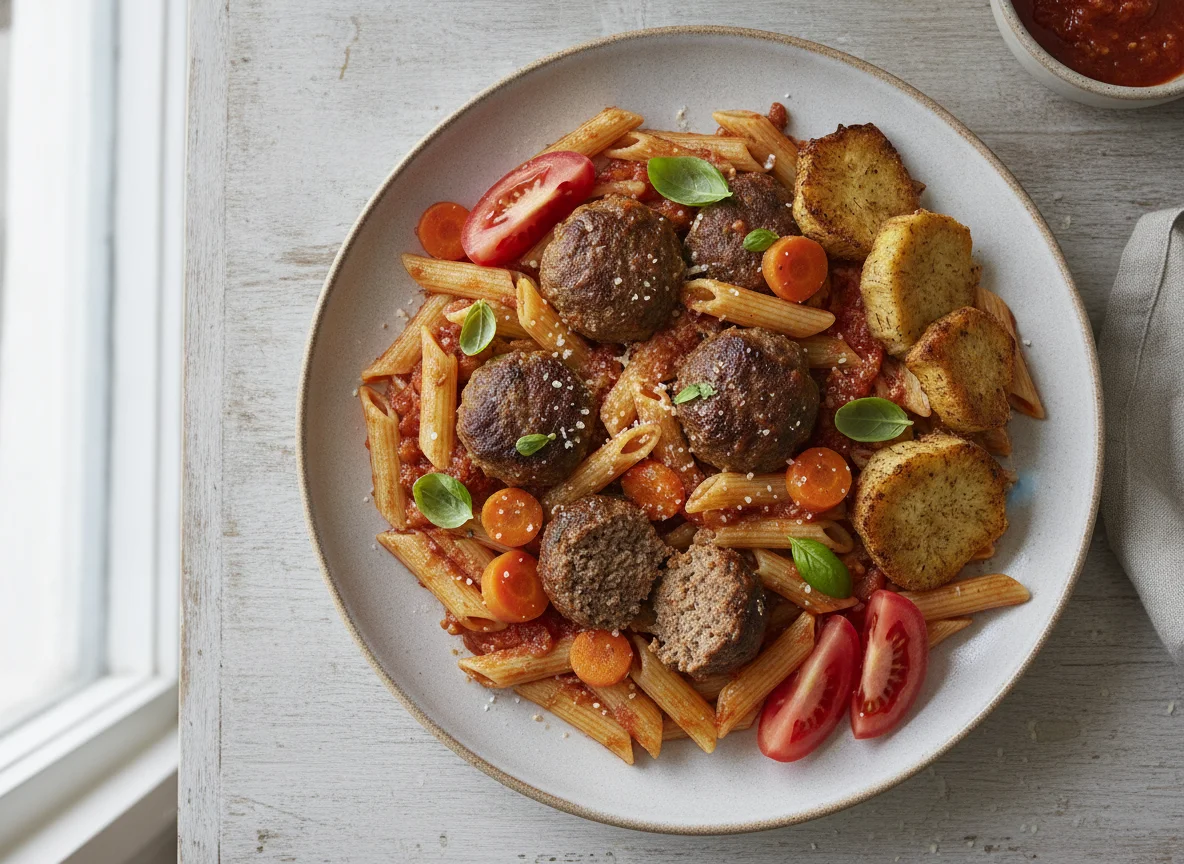 Pasta con albóndigas, zanahorias, malanga frita y tomate photo