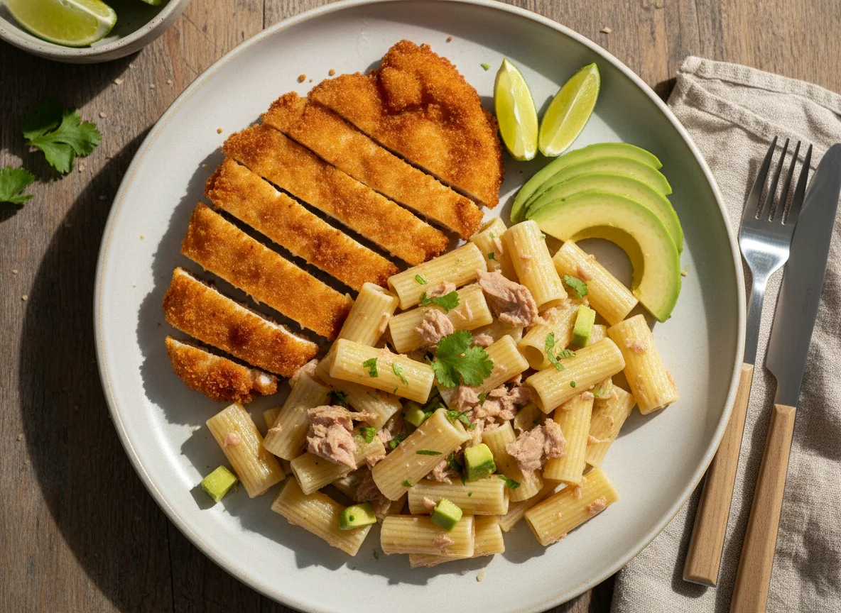 Pasta con atún, palta y milanesa de pollo photo