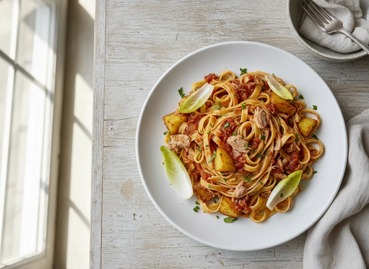 Pasta con atún, patatas y endivias photo