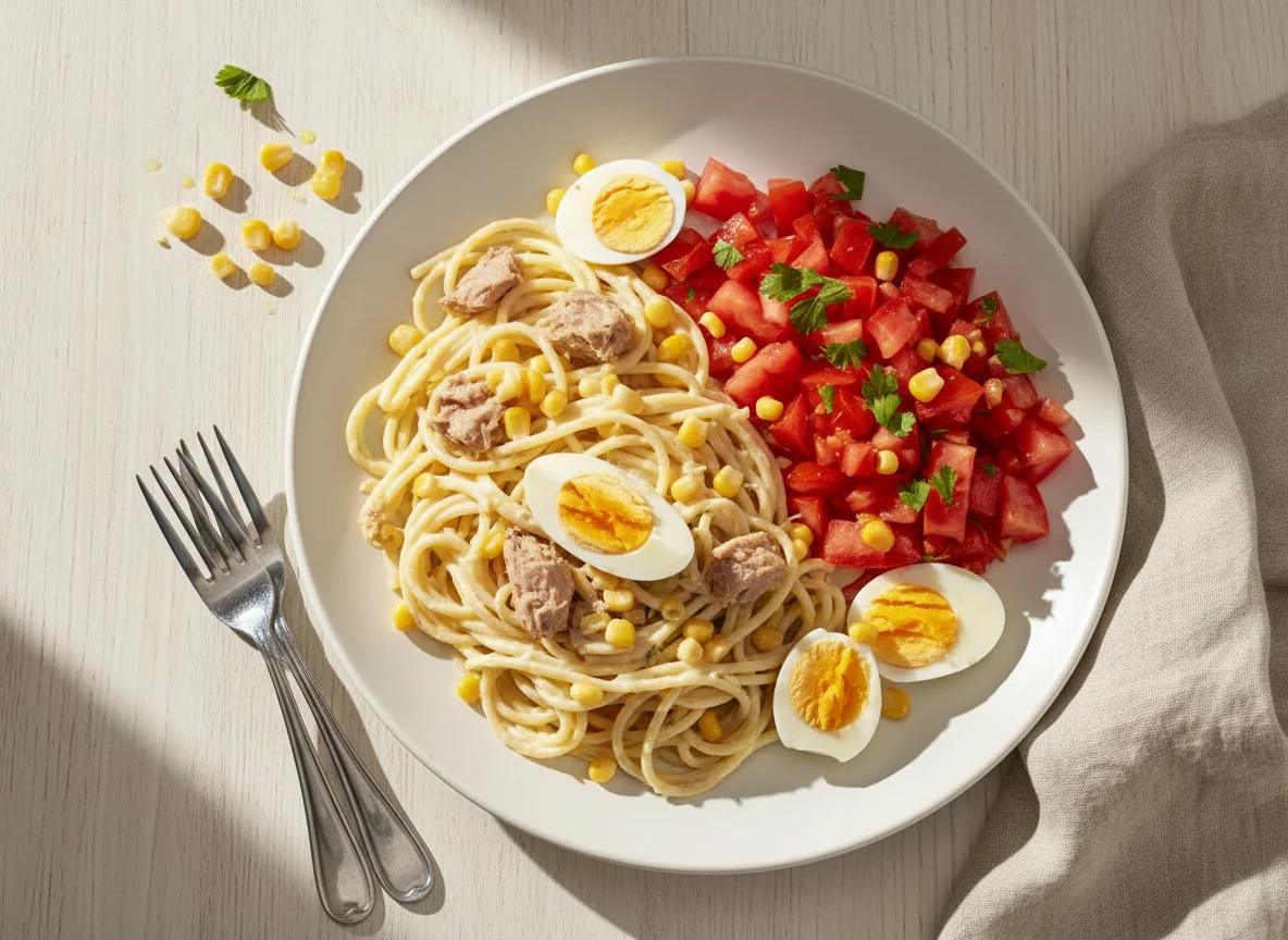 Pasta con atún y ensalada de tomate photo