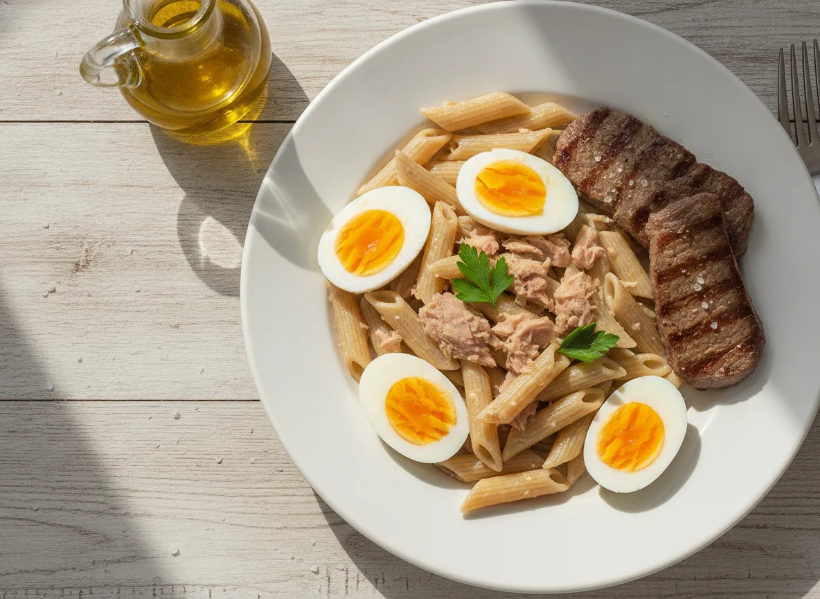 Pasta con atún y huevo con filetes de ternera photo