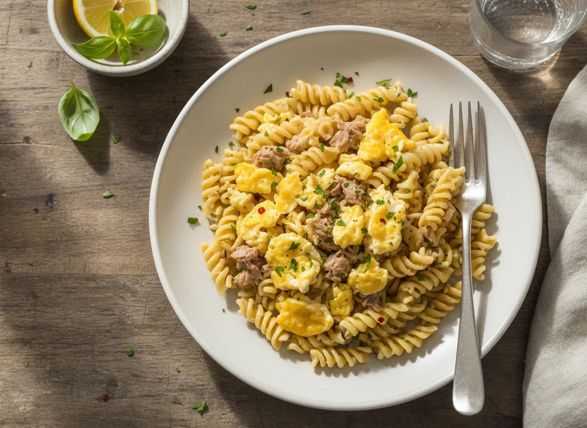 Pasta con atún y huevo revuelto photo