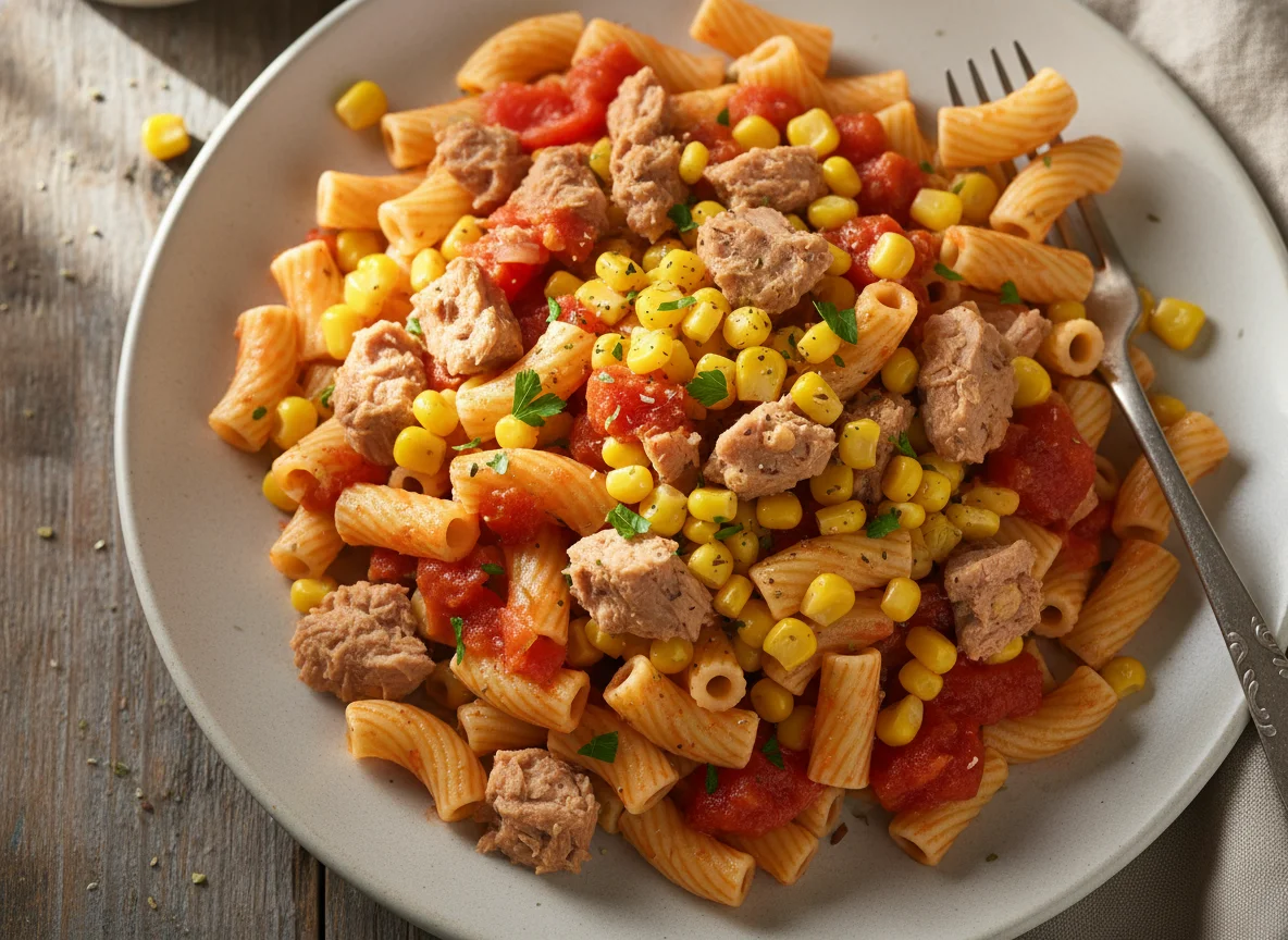 Pasta con atún y maíz photo