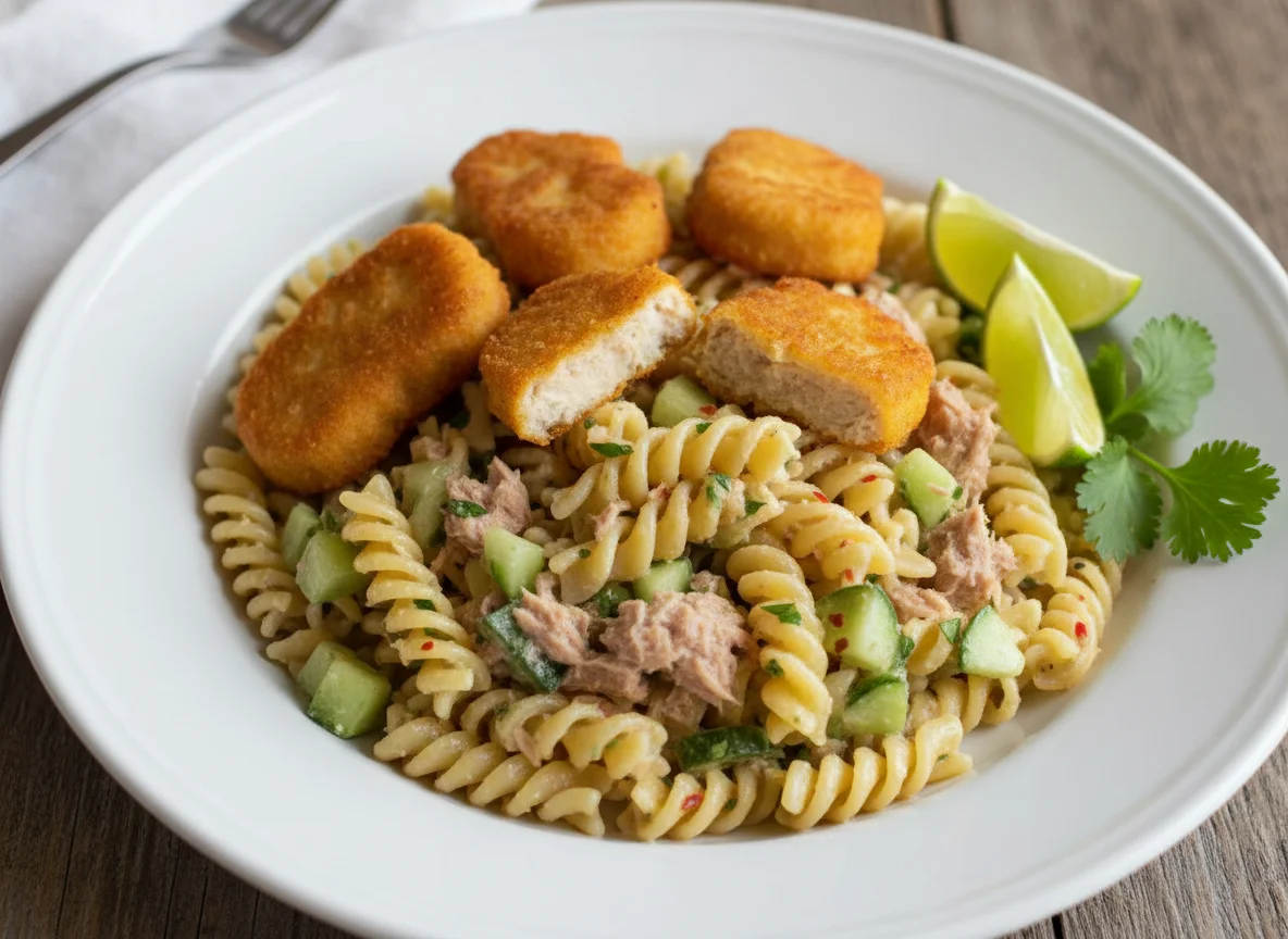 Pasta con atún y nuggets de pollo photo