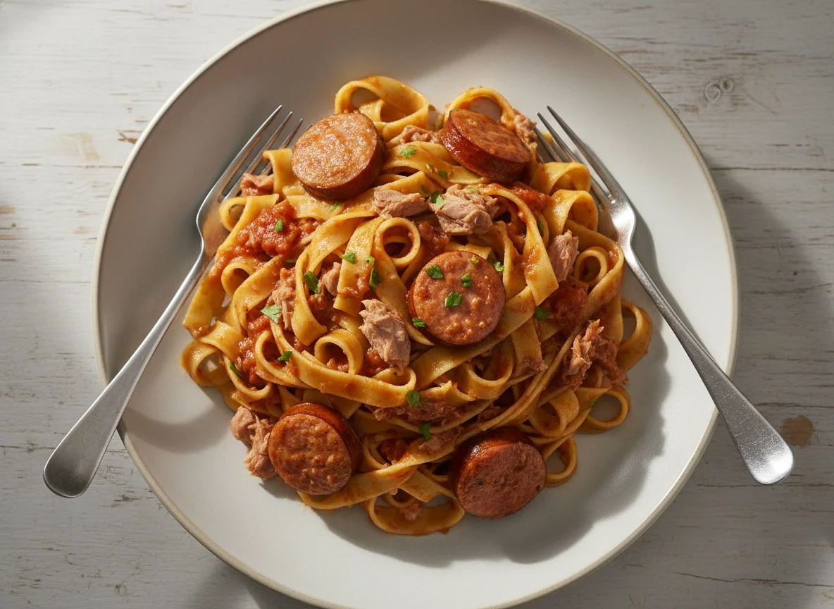 Pasta con atún y salchicha photo