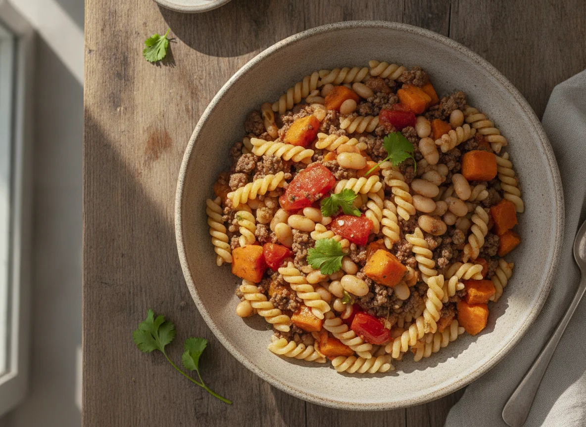 Pasta con batata y guiso de porotos con carne photo