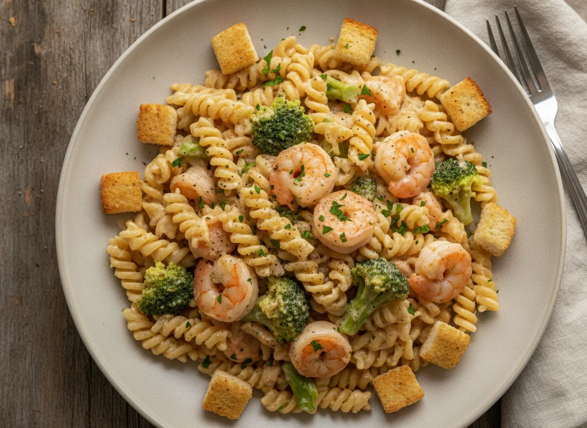 Pasta con camarones y brócoli en salsa cremosa photo